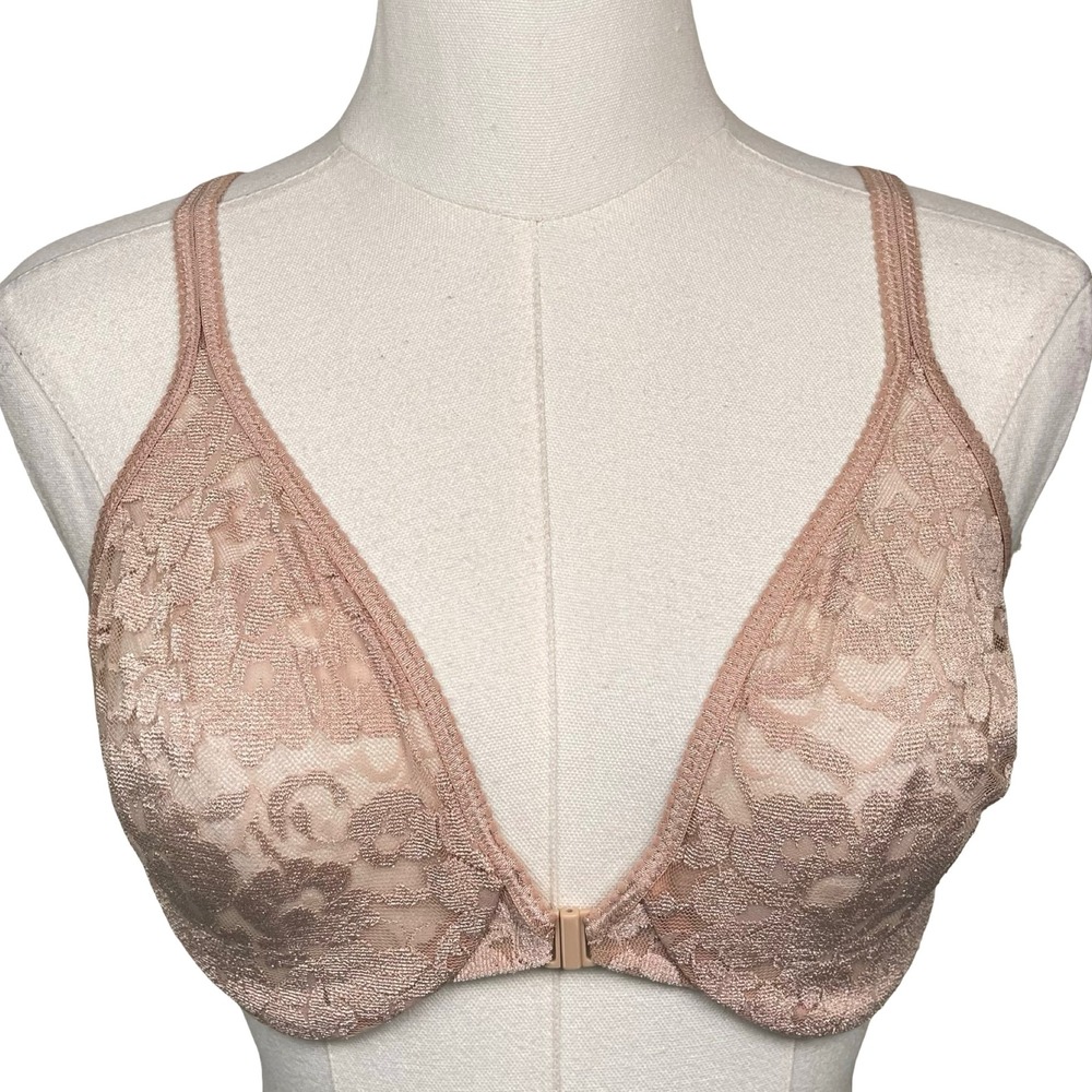 Vintage Victoria's Secret Lace Front Close Bra Women 36C Pink Nude Floral Sheer